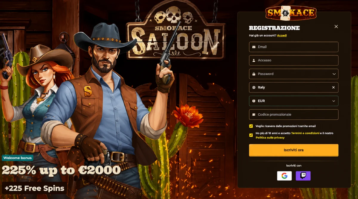 Modulo di registrazione su Smokace Casino e bonus di benvenuto fino a 2000€